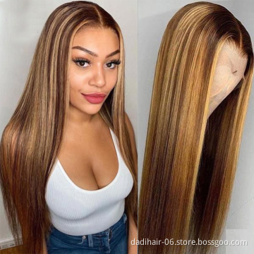 Longer Highlight Color Brazilian Remy Human Hair Straight Wigs with Baby Hair 13x4 Lace Front Blonde Piano Color Curly Wig